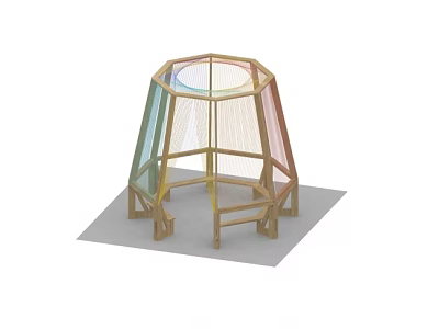 Octagonal Wooden Frame Structure With Colorful Netting And Benches For Kids Play 3d model