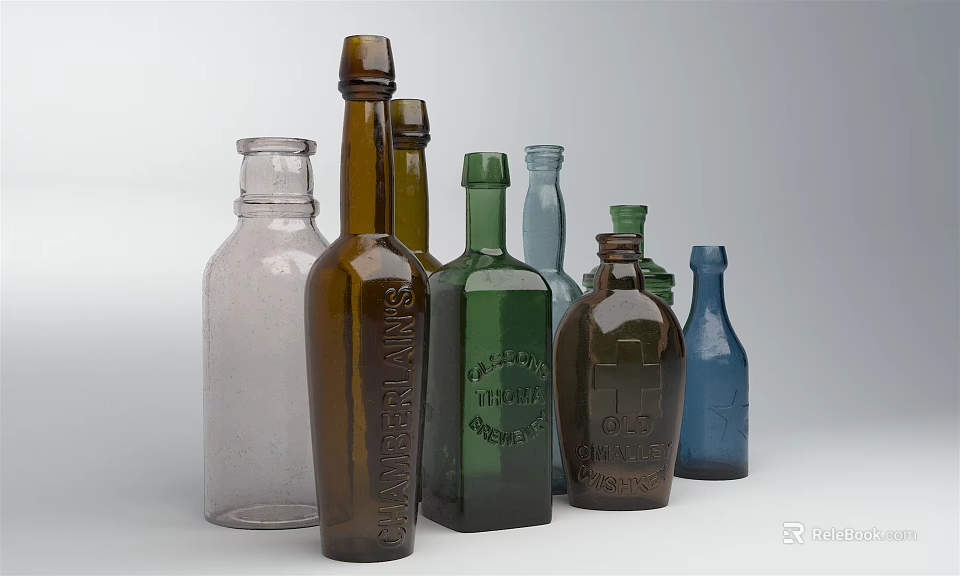 Vintage Ceramic Bottles In Various Colors And Shapes With Intricate Inscriptions 3d model 
