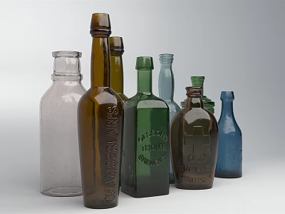 Vintage Ceramic Bottles In Various Colors And Shapes With Intricate Inscriptions 3d model
