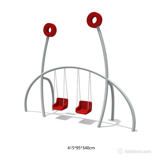 Outdoor Swing Set With Red Seats Silver Metal Frame And Round Decorative Tops 3d model 