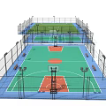 Green Basketball Court Facility With Red Hoops Lighting And Surrounding Fences