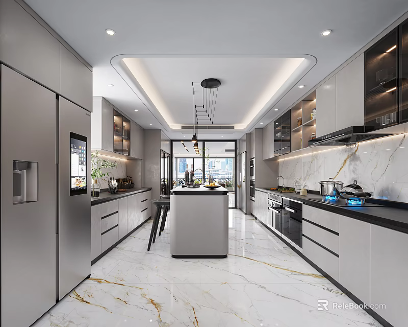 Modern Kitchen Interior Design With Marble Island Countertops Cabinets And Appliances 3d model 