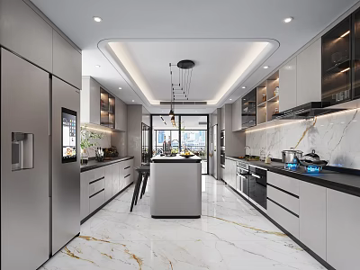 Modern Kitchen Interior Design With Marble Island Countertops Cabinets And Appliances 3d model