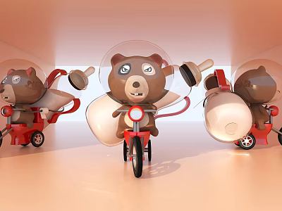 Adorable Bear Stuffed Toys with Transparent Helmets Riding Red Tricycles in Light Colored Display Scene 3d model