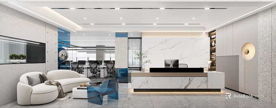 Modern Office Reception Interior Design With Marble Desk Computer Plant And Sofa 3d model 