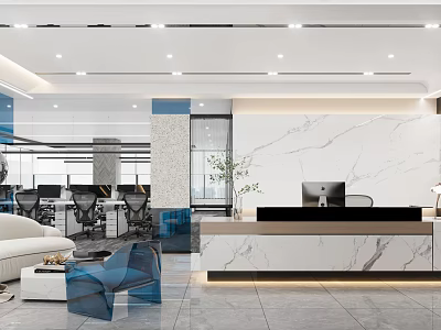 Modern Office Reception Interior Design With Marble Desk Computer Plant And Sofa 3d model