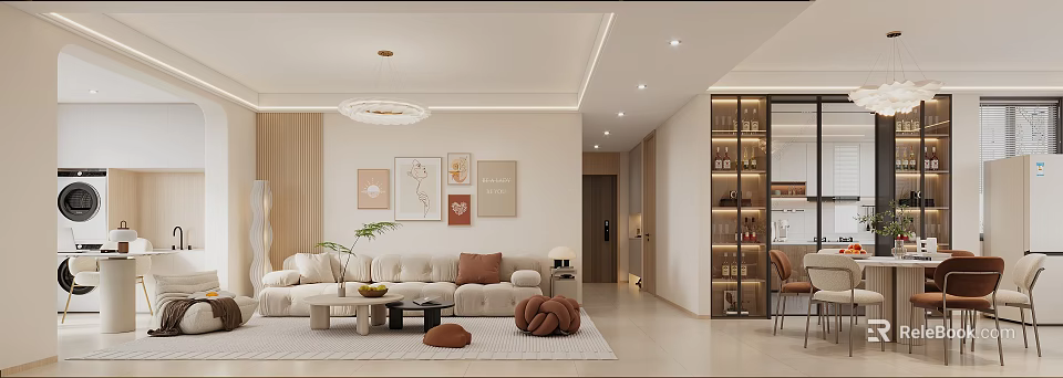 Modern Living and Dining Room Interior With Beige Sofa Decorative Paintings and Wine Cabinet 3d model 