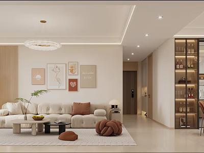 Modern Living and Dining Room Interior With Beige Sofa Decorative Paintings and Wine Cabinet 3d model