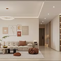 Modern Living and Dining Room Interior With Beige Sofa Decorative Paintings and Wine Cabinet