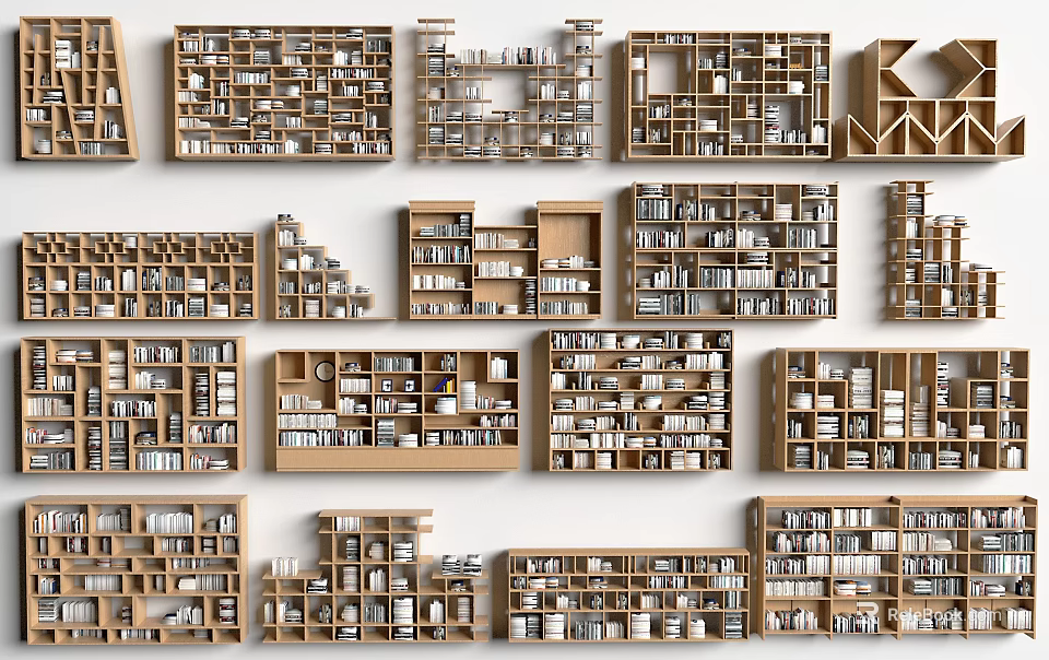 Various Wooden Bookcases With Open Shelves And Multiple Storage Design Features 3d model