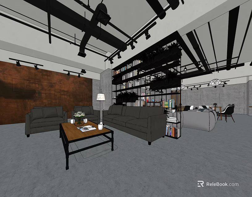 Modern Café Interior With Gray Sofas Wooden Coffee Table Bookshelves And Ceiling Lights 3d model 