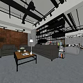 Modern Café Interior With Gray Sofas Wooden Coffee Table Bookshelves And Ceiling Lights