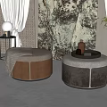 Two Round Leather and Velvet Poufs Beige Brown Gray with Decorative Painting and Floor Lamp
