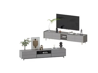 Modern TV Stand With Large Television Screen Decorative Plants Storage Drawers And Ornamental Items 3d model