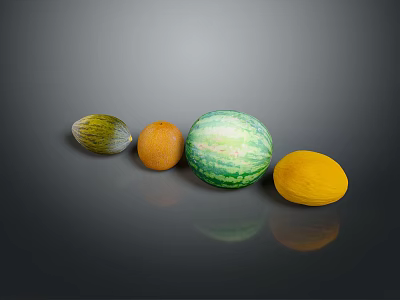 Fresh Ripe Watermelon Orange Cantaloupe and Mango Arranged on Gray Background 3d model