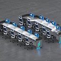 Modern Office Workstations With Blue Chairs Computer Monitors And Blue Lighting 3d model