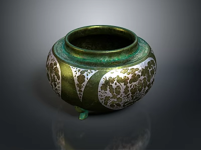Decorative Ceramic Jar With Green And White Floral Patterns And Small Feet 3d model