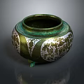 Decorative Ceramic Jar With Green And White Floral Patterns And Small Feet