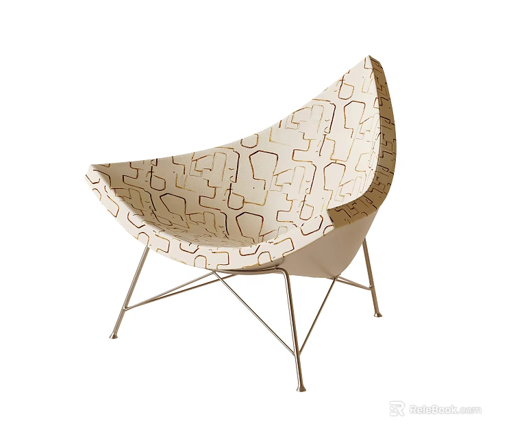 Shell Shaped Cream Lounge Chair With Brown Geometric Pattern And Metal Legs 3d model 