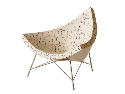 Shell Shaped Cream Lounge Chair With Brown Geometric Pattern And Metal Legs 3d model