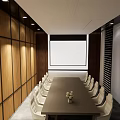 Modern Conference Room With Long Table White Chairs Projection Screen Wooden Walls And Ceiling Lights