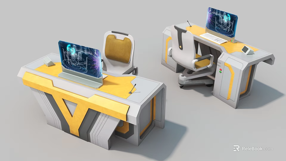 Futuristic Office Desk With Computer Monitor Ergonomic Chair And Yellow Gray Surface 3d model 