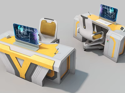 Futuristic Office Desk With Computer Monitor Ergonomic Chair And Yellow Gray Surface 3d model