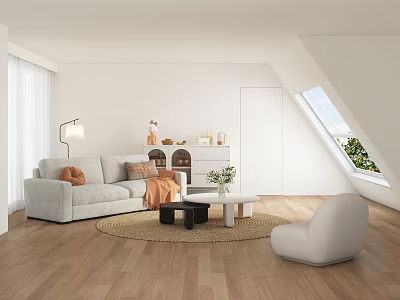 Modern Living Room Interior With Light Gray Sofa White Armchair Woven Rug Skylight Green Plants 3d model