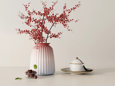 Elegant Tea Set with Lid on Tray and Pink White Gradient Vase with Red Berries 3d model