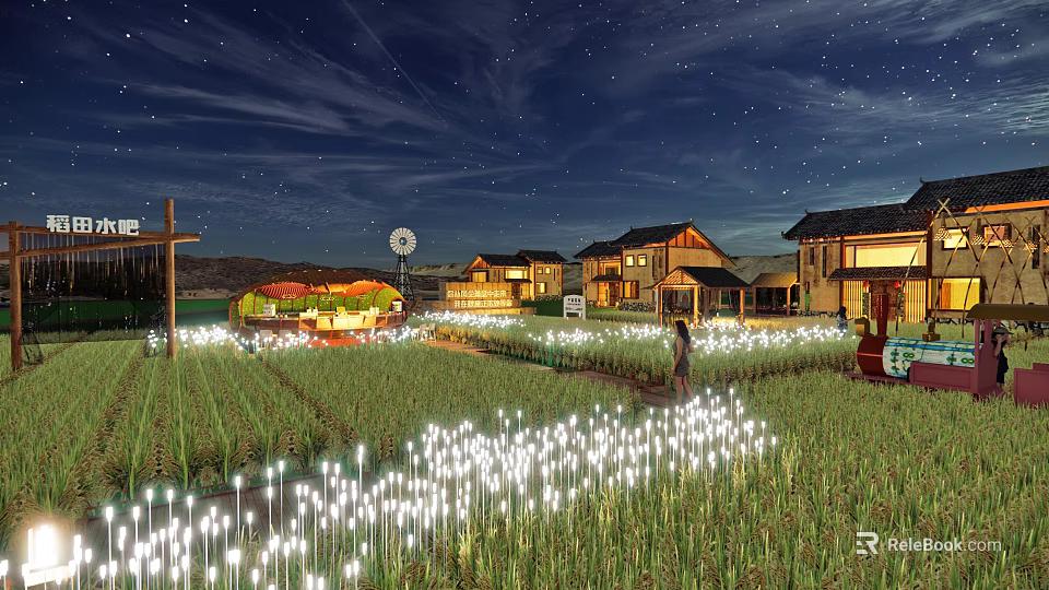 Starry Night Homestay Buildings Surrounded By Rice Field With White Lights And Windmill 3d model 
