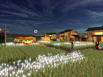 Starry Night Homestay Buildings Surrounded By Rice Field With White Lights And Windmill 3d model