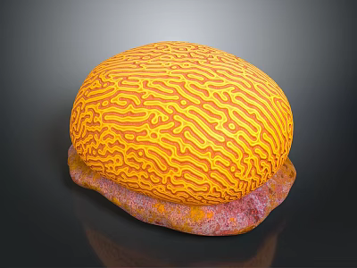 Intricate Brain Coral With Yellow Patterns On Pink Orange Base Structure 3d model