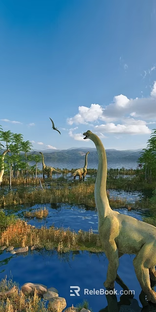 Prehistoric Natural Landscape With Long Necked Dinosaurs Pterodactyls Flying Over Lake Mountains And Blue Sky Clouds 3d model 