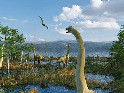 Prehistoric Natural Landscape With Long Necked Dinosaurs Pterodactyls Flying Over Lake Mountains And Blue Sky Clouds 3d model