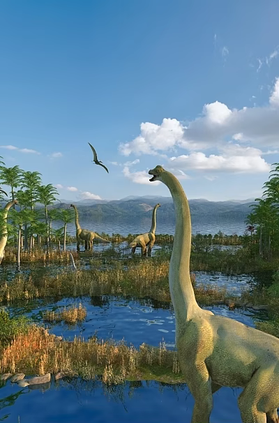 Prehistoric Natural Landscape With Long Necked Dinosaurs Pterodactyls Flying Over Lake Mountains And Blue Sky Clouds 3d model