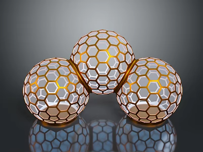 Three Honeycomb Patterned Spheres With Golden Frames And Transparent Interior On Reflective Surface 3d model