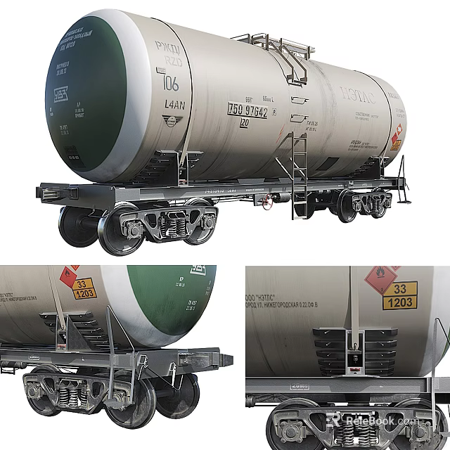 Rail Tanker Car With Cargo Tank Wheels Safety Ladder And Hazard Signs For Liquid Transportation 3d model 