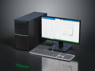 Black Desktop Tower With Green Accent Monitor Displaying Charts And Wired Keyboard Setup 3d model