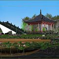 Scenic Landscape Bridge With Traditional Pagoda Willow Trees Pink Flowering Trees And Lotus Pond