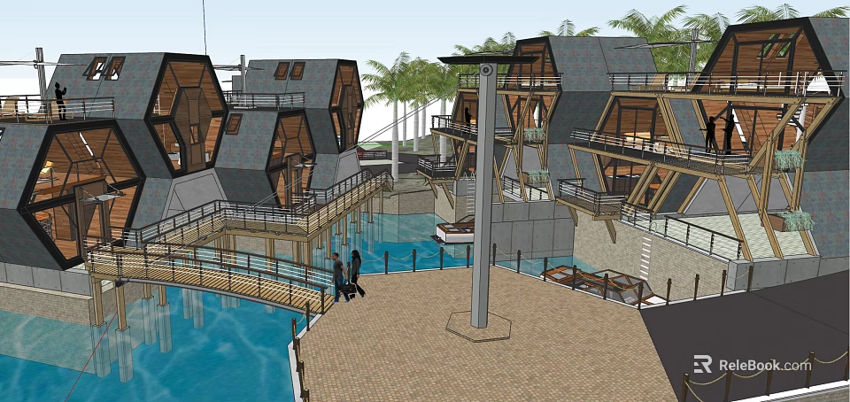 Modern Hexagonal Boutique Hotel Architecture with Over Water Design Palm Trees and Wooden Walkway 3d model 