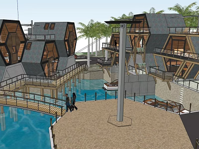 Modern Hexagonal Boutique Hotel Architecture with Over Water Design Palm Trees and Wooden Walkway 3d model