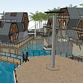 Modern Hexagonal Boutique Hotel Architecture with Over Water Design Palm Trees and Wooden Walkway