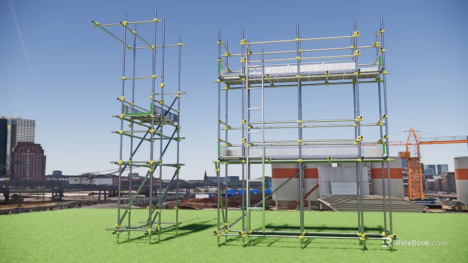 Public Facility Construction Scaffolding with Metal Frames Yellow Connectors on Green Ground and Background Buildings 3d model 