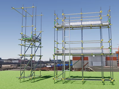 Public Facility Construction Scaffolding with Metal Frames Yellow Connectors on Green Ground and Background Buildings 3d model