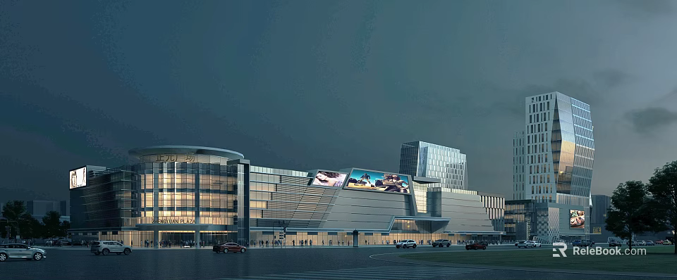 Modern Commercial Complex With Glass Facade Large LED Screen And Night Lighting 3d model 