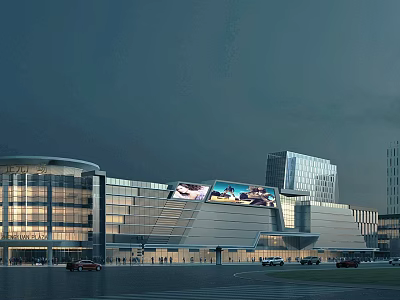 Modern Commercial Complex With Glass Facade Large LED Screen And Night Lighting 3d model