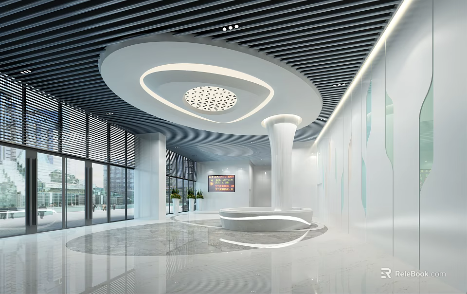 Modern Store Front Desk Design With Circular Ceiling Light Large Glass Windows And Indoor Plants 3d model 