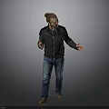Man In Bun Hairstyle Black Jacket Blue Jeans Brown Shoes Open Hands Gray Background