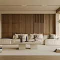 Modern Living Room Interior With White Sofa Wooden Wall Wicker Panel And Coffee Table