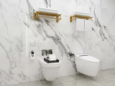 Modern Wall Mounted Toilet in Bathroom with Marble Walls and Gold Towel Shelves 3d model